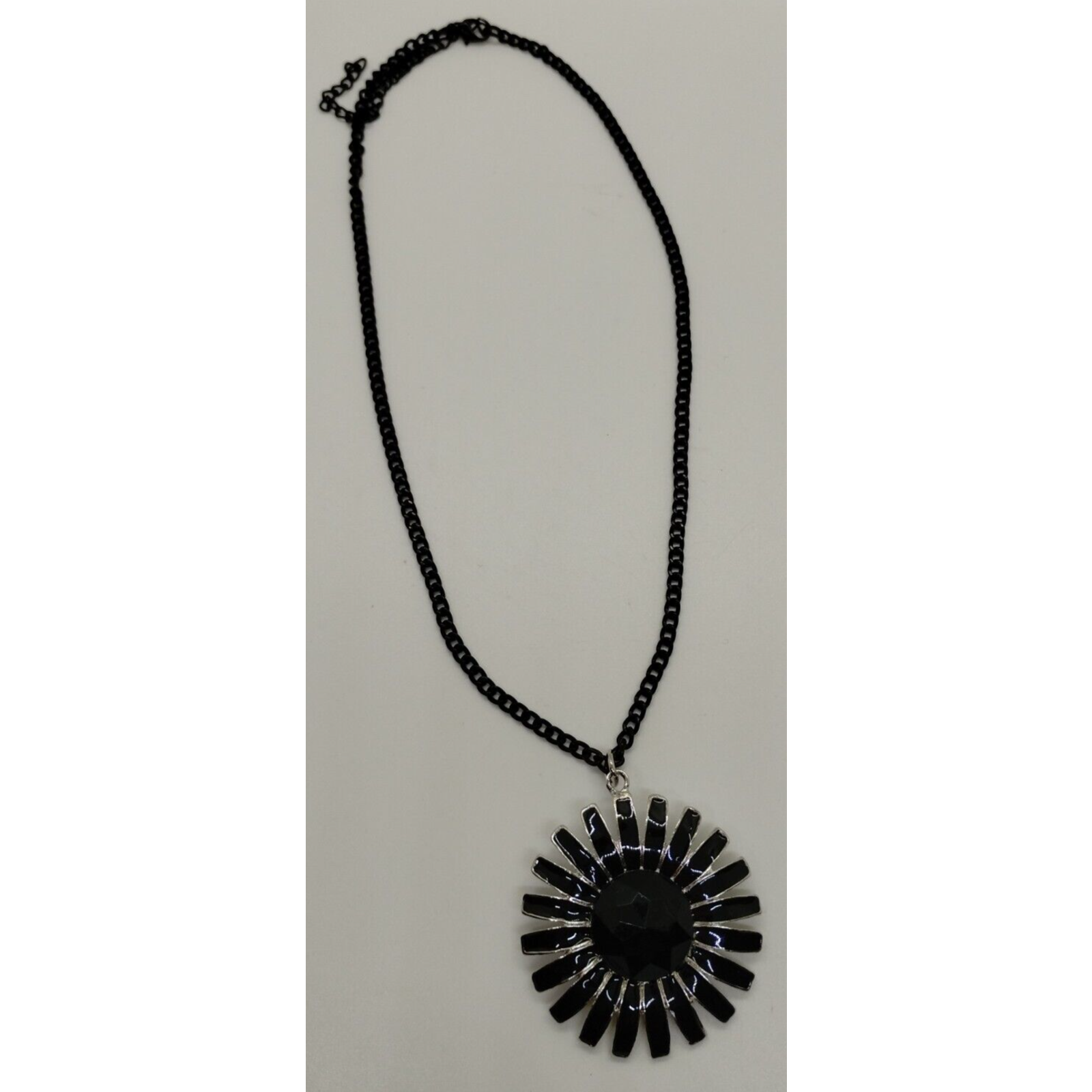 Silver Black Daisy Necklace - Gemstone- Enamel Petals - 11